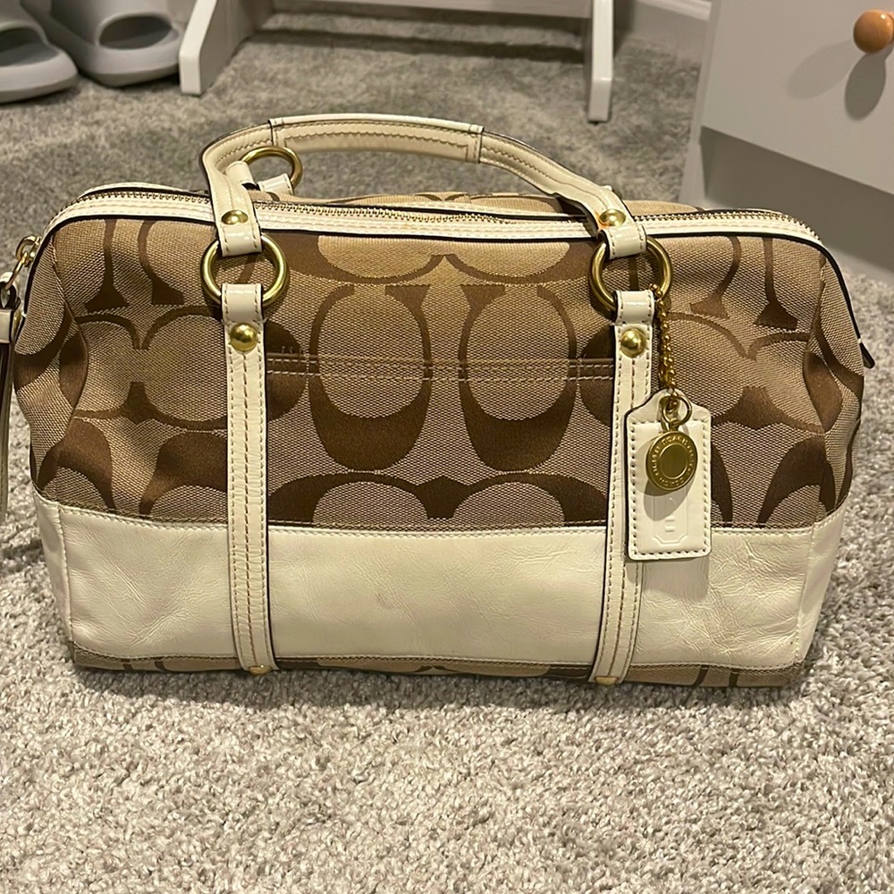Coach Tan Cloth with White Leather Trim Handbag D0826-12430